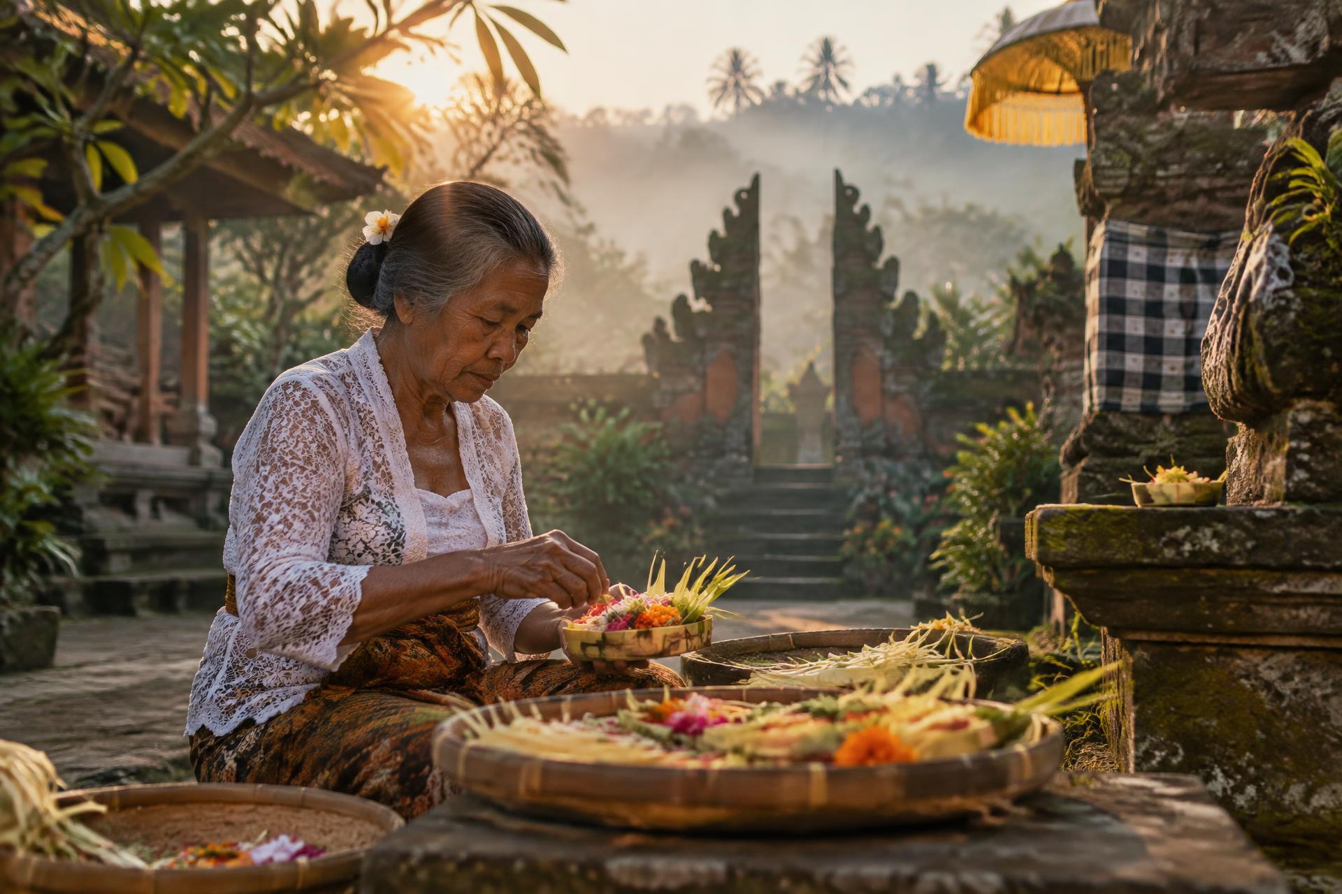 A Balinese woman preparing canang sari offerings in a family courtyard